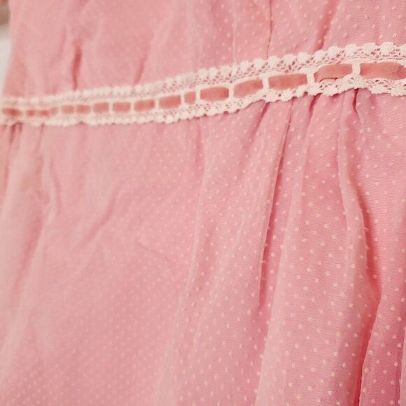 Vintage Girls Dress M Handmade Sheer Flocked Polka Dot Pink Nylon Short Sleeve - Picture 4 of 6